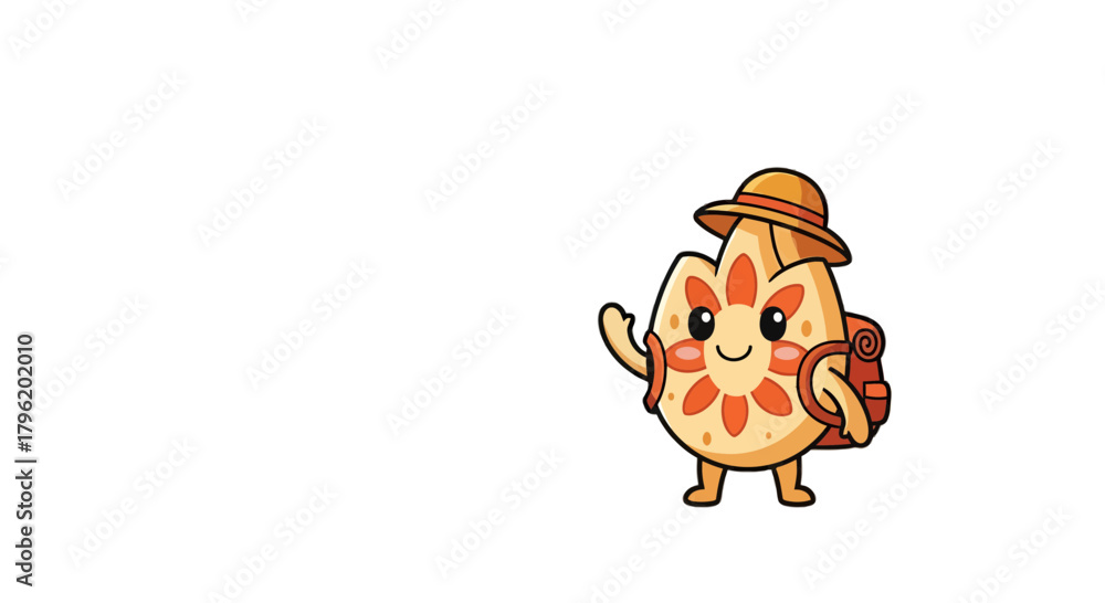 Fototapeta premium Adventurous Cartoon Character Waving Hello with a Backpack and Wide-Brimmed Hat