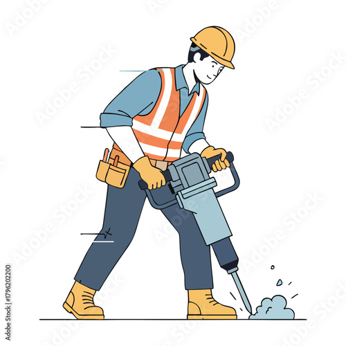 A construction worker in a yellow hard hat and orange safety vest operates a jackhammer to break up pavement on a job site demonstrating demolition and groundwork techniques for a building project.