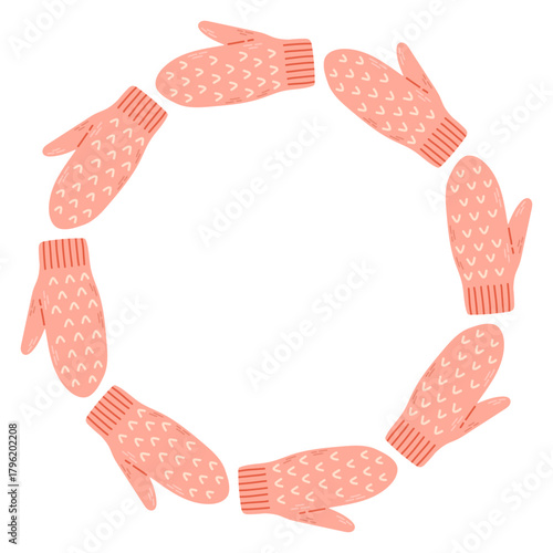 Simple vector illustration of cute pink knitted mittens arranged in a circular frame. Winter holiday design, Christmas decoration, isolated on white background, perfect for greeting cards and prints
