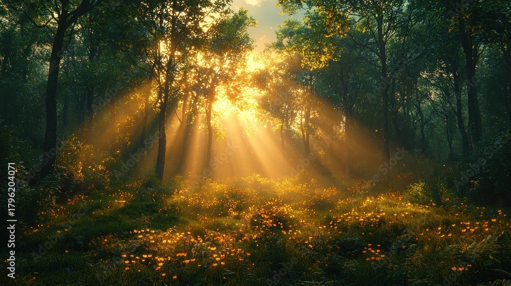 Fototapeta premium Sunbeams illuminating a mystical forest at sunrise.
