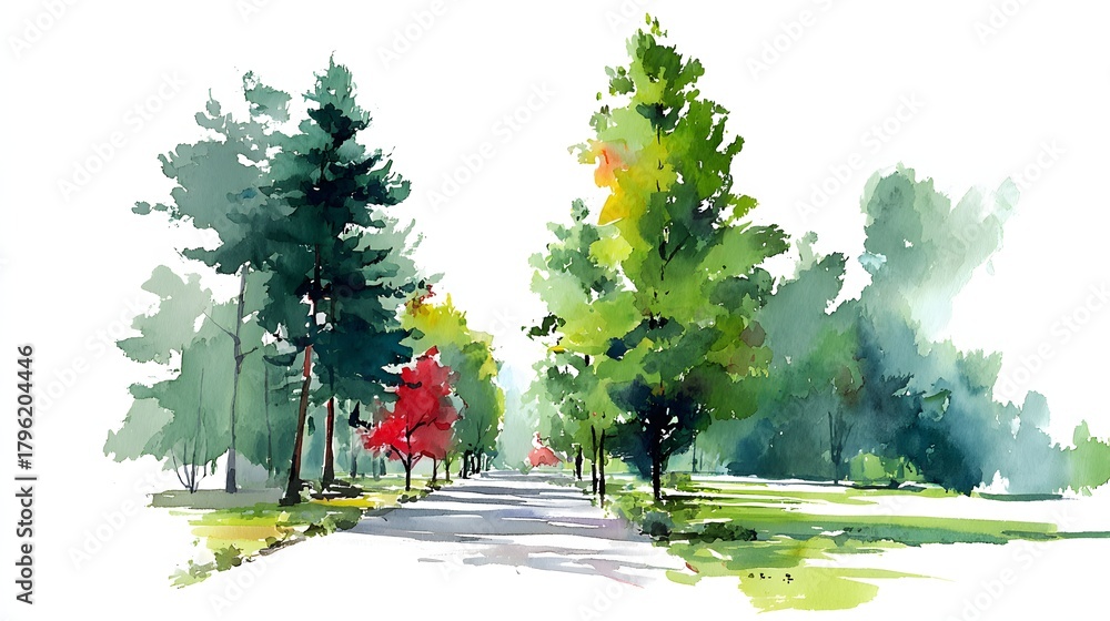 Obraz premium Watercolor painting depicts a peaceful roadside lined with diverse foliage under bright illumination