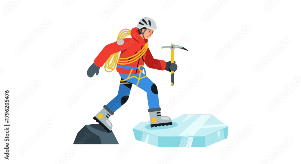 Fototapeta premium Adventurous Climber Ascends Ice Block with Essential Gear Exploring Mountainous Terrain
