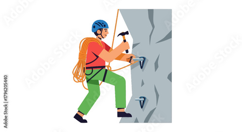Adventurous Climber Ascending a Rocky Cliff Face Towards The Summit and Extreme Sport