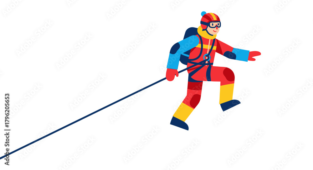 Fototapeta premium Adventurous Climber In Colorful Gear Ascending A Steep Mountain In The Darkness