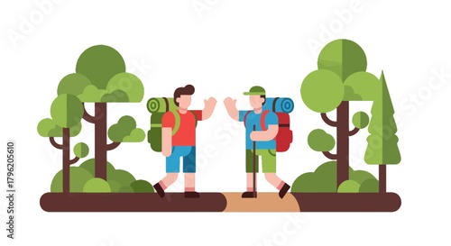 Adventurous Duo Hiking Through Forest Amidst Verdant Trees and Nature's Harmony