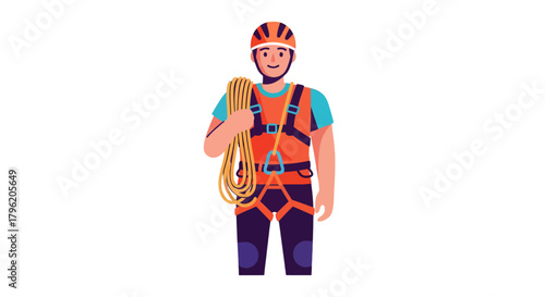 Adventurous Climber Holding Rope, Ready With Safety Gear, Vector Illustration