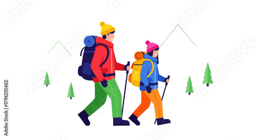 Adventurous Duo Trekking Together With Backpacks Towards Mountain Adventure and Exploration