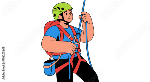 Adventurous Climber Harnesses Rope Securely Ready To Ascend Up High Terrain