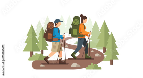 Adventurous Duo Trekking With Backpacks Through The Forest, Vector Illustration