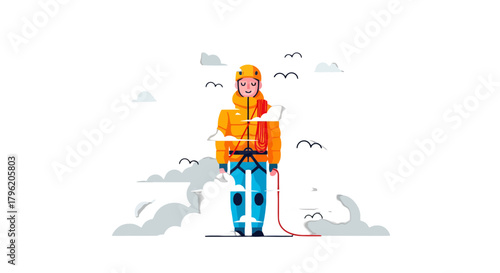 Adventurous Climber Stands Amidst Stylized Clouds, Ready For The Ascent