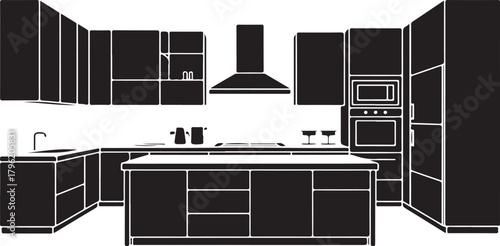 Illustration of kitchen interior silhouette with island and furniture on transparent