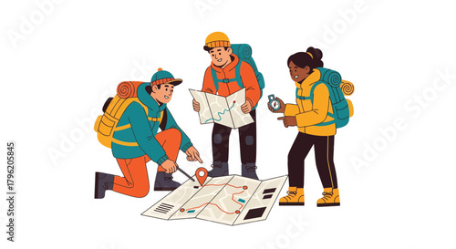 Adventurous Explorers Coordinating Travel Plans Against a Black Backdrop for a Trip