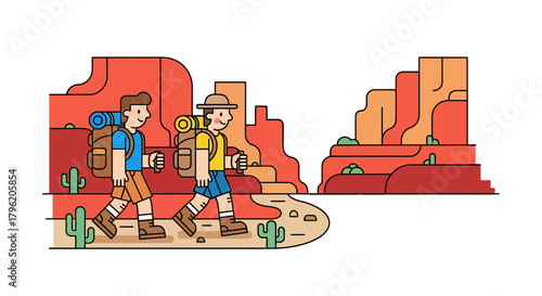 Adventurous Explorers Embark on a Desert Hike Amidst Stunning, Vivid Rock Formations and Scenery