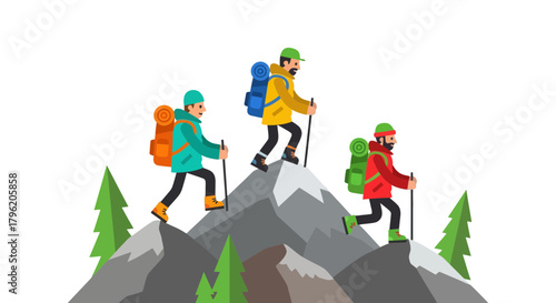 Adventurous Climbers Ascend Snowy Mountain Peaks in Vector Style Illustrations