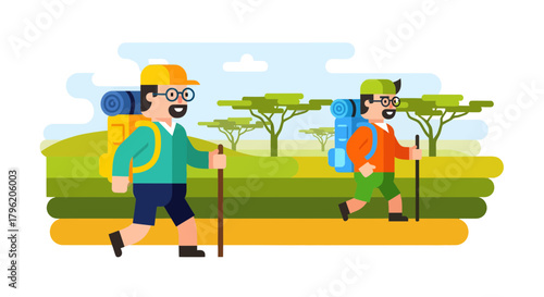 Adventurous Explorers Embarking Outdoorsy Adventures With Backpacks, Hiking in Lush Nature