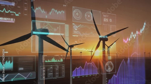 Wind Turbines Silhouette At Sunset With Animated Data Visualization Overlaid For Energy Analysis
