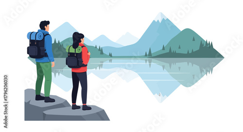 Adventurous Couple Admiring the Majestic Mountain Range and Tranquil Lake Reflection