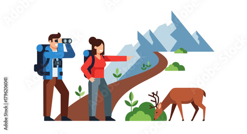 Adventurous Explorers Embarking Wilderness Trek with Majestic Mountain Peaks in the Background