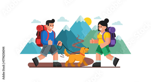 Adventurous Couple And Dog Hiking Through Exquisite Mountains In Wonderful Weather