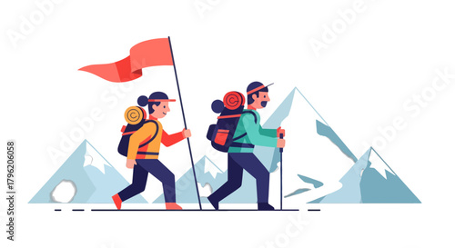 Adventurous Couple Achieving Mountain Peak Together, Highlighting Teamwork and Determination