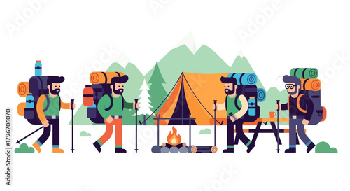 Adventurous Explorers Embarking Wilderness Trekking Enjoying Campfire at the Mountains