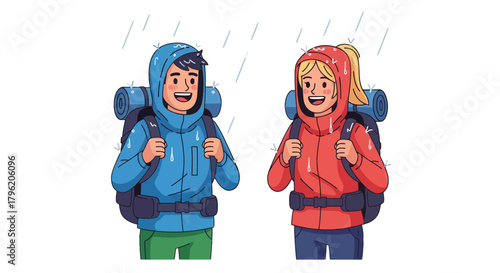 Adventurous Couple Backpacking in Rain, Journeying Through Nature's Elements