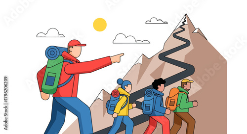 Adventurous Group Climbs Mountain, Sharing a Joint Expedition, Seeking Discovery