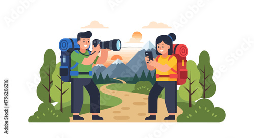 Adventurous Couple Capturing Sunset Views and Utilizing Technology Outdoors for Memories