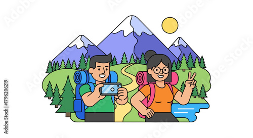 Adventurous Couple Captures Scenic Mountain Landscape During Their Hiking Expedition