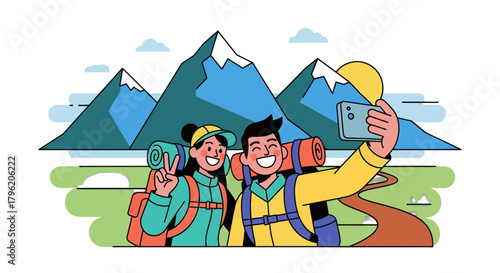 Adventurous Couple Captures Mountain Vista With Smartphone During Outdoor Expedition