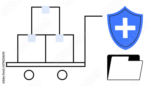Boxes on a cart, medical shield, and folder symbolizing logistics, security, healthcare data, compliance, inventory tracking. Ideal for health, logistics security data business strategy medical