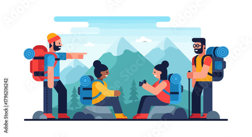 Adventurous Group Hiking And Exploring Mountainous Terrain With Backpacks And Cameras