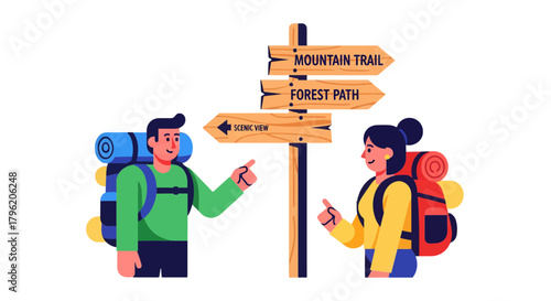 Adventurous Couple Choosing Pathway Direction with Backpacks and Hiking Signpost on Black Background