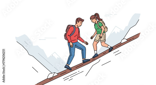 Adventurous Couple Climbing Rocky Terrain, Demonstrating Partnership and Overcoming Obstacles