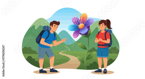 Adventurous Couple Discovering a Vibrant Blooming Floral Wonder in Nature's Embrace