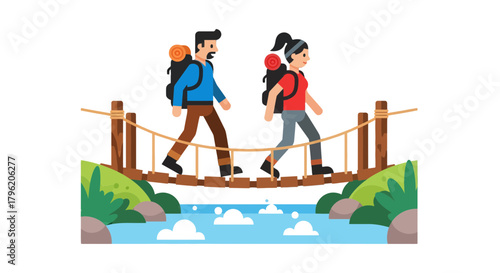 Adventurous Couple Crossing a Bridge Over a River with Backpacks in Nature Scenery