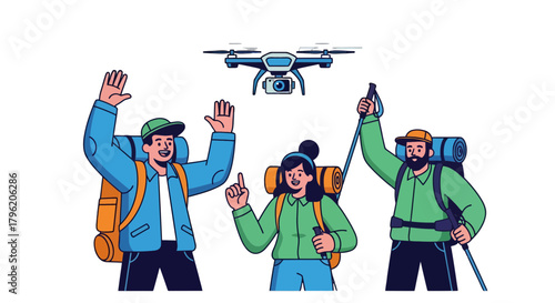 Adventurous Group Hiking And Exploring With A Drone Over A Dark Background