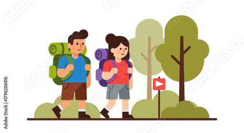 Adventurous Couple Journeying Together Through Forest, Illustration for Nature Explorers