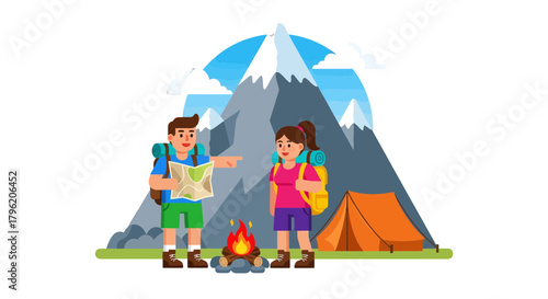 Adventurous Couple Plans Their Journey Amongst Majestic Mountains, Ready For Adventure