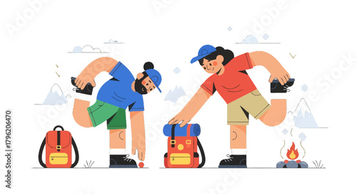 Adventurous Couple Preparing For A Trip With Backpacks Next To Cozy Campfire