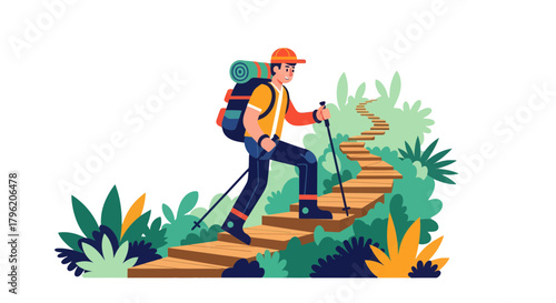Adventurous Hiker Ascending Staircase To Explore Nature And Embracing The Outdoors Adventure