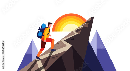 Adventurous Hiker Ascends Mountain Peak Towards Rising Sun Symbolizing Ambition And Success