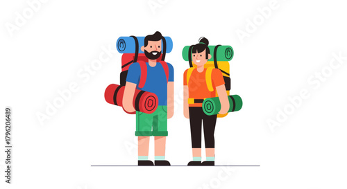 Adventurous Couple Ready For Trekking Expedition With Backpacks Against Black Background