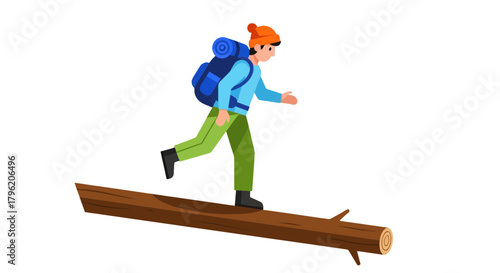 Adventurous Hiker Balancing on a Log While Traversing Through Woodland Trails