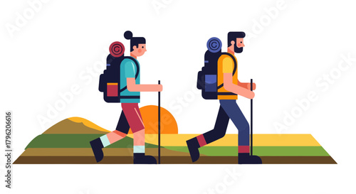 Adventurous Couple Traversing Nature's Path Under Spectacular Sunset Illustration