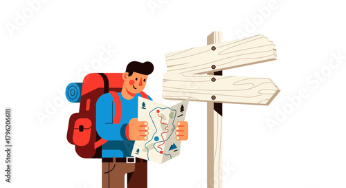 Adventurous Hiker Exploring A Trail Using A Map Near A Wooden Signpost