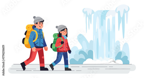 Adventurous Couple Traversing Snowy Terrain Near Frozen Waterfall In A Vector Illustration