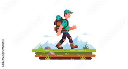 Adventurous Hiker Explores Mountain Trails Vector Illustration For Outdoor Activities