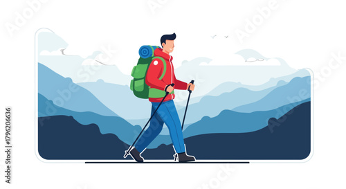 Adventurous Hiker Explores Mountainous Terrain During a Sunny Day Adventure