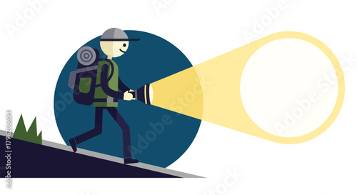 Adventurous Hiker Navigates In Night, Illuminating Path, With Bright Flashlight Beam